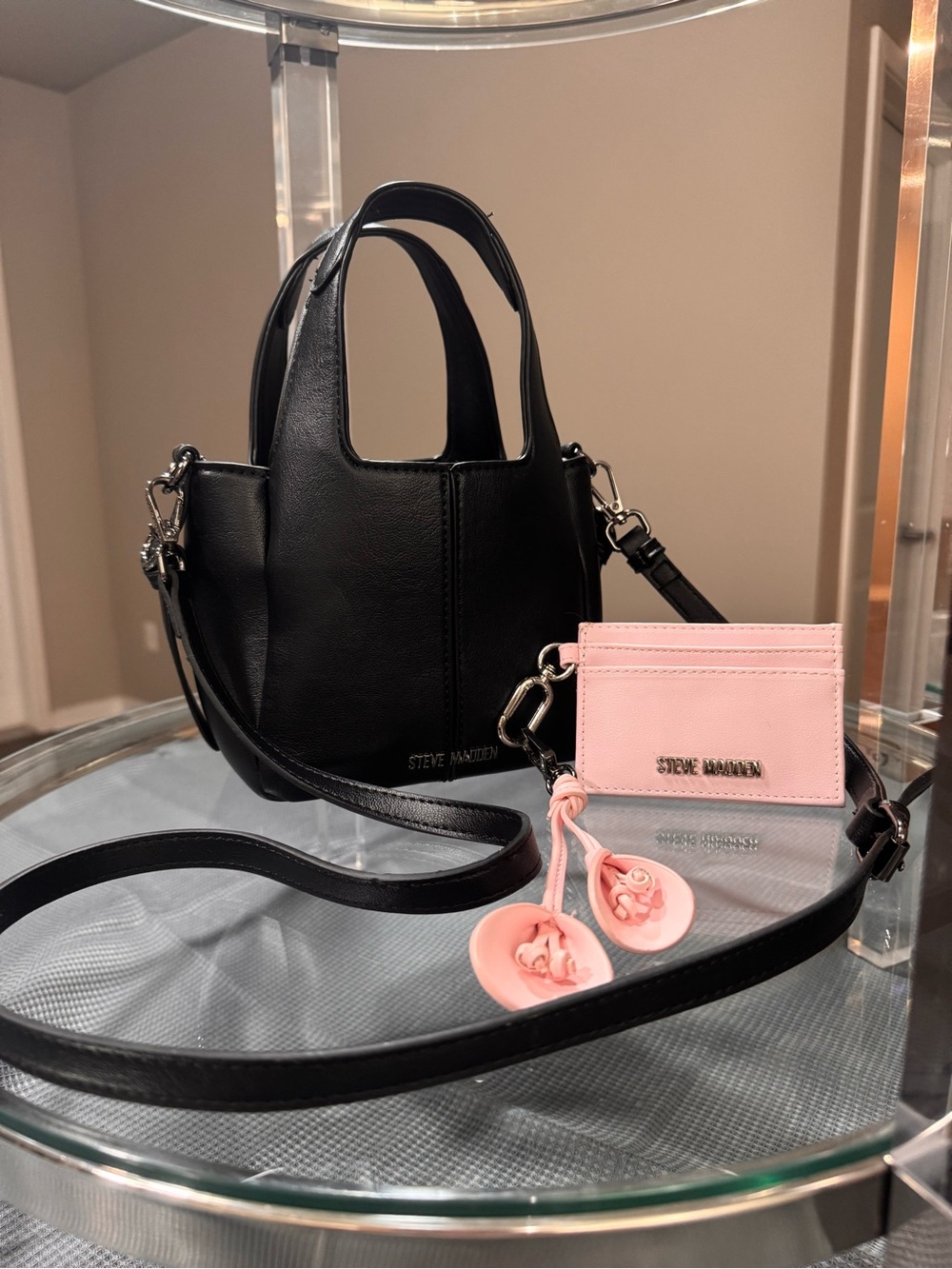 Steve Madden Black Leather Mini Tote with Pink Card Holder and Charm